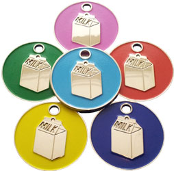 Cat pet tag with enamelled milk carton shapes